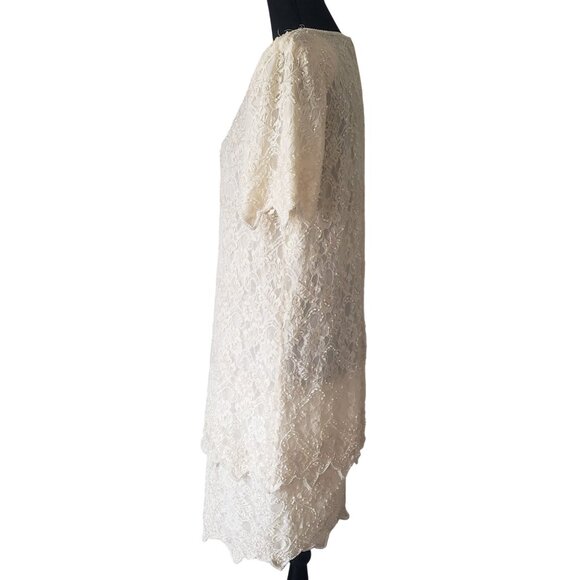 Vintage 80s Beaded Tiered White Cream Shift Dress Size M Wedding Elegant - Picture 2 of 13
